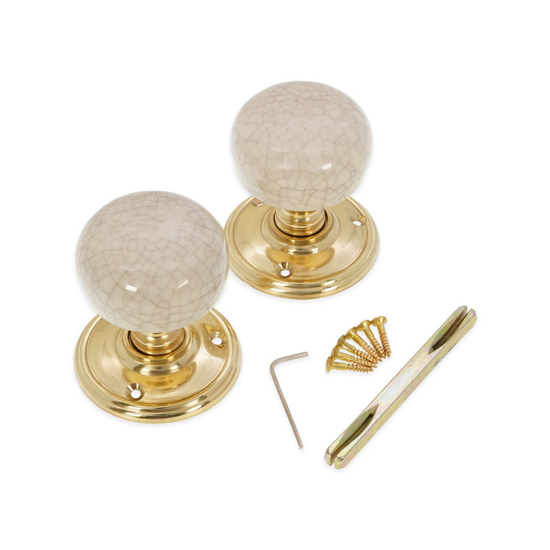 Crackled Porcelain Mortice Door Knob, Polished Brass/White