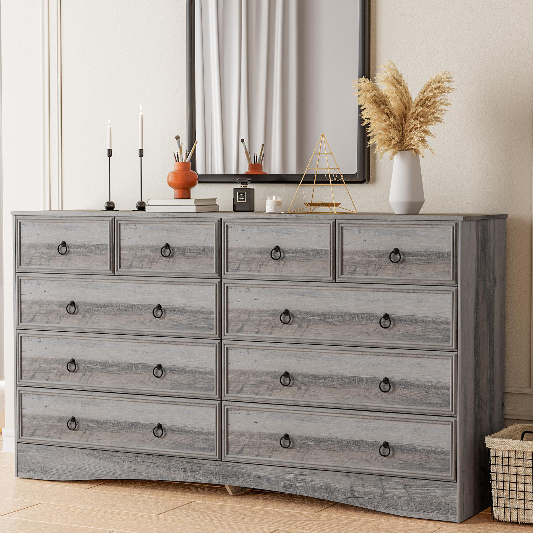 grey and wood dresser 10 Drawer for Bedroom, Dresser TV Stand, Chest of Drawers for Storage Organization, Gray Breakwater Bay tall gray dresser