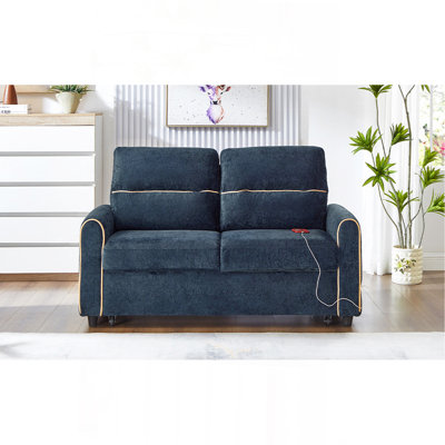 Chenille Pull Out Sofa Bed, 58-Inch Sofa Bed, Sleeper Sofa, Loveseat Sofa  With Adjustable 3 -Position Backrest, 4 Side Pockets And Charging Ports For Living Room, Blue