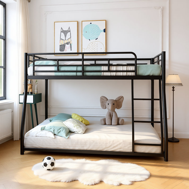 Metal Floor Bunk Bed with Inclined Ladder, Space-Saving Heavy-Duty Frame, Black, Full XL over Queen
