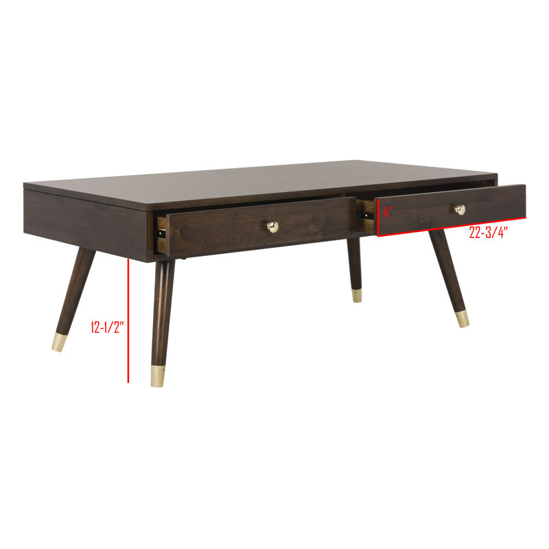 Transitional Mid-Century 48" Brown Wood Coffee Table with Gold Caps