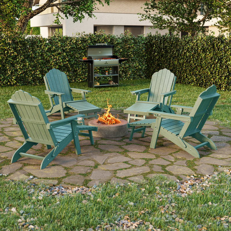 Folding Adirondack Chair with Retractable Ottoman and Cup Holder, Outdoor HDPE Lounge Chair, Lake Blue