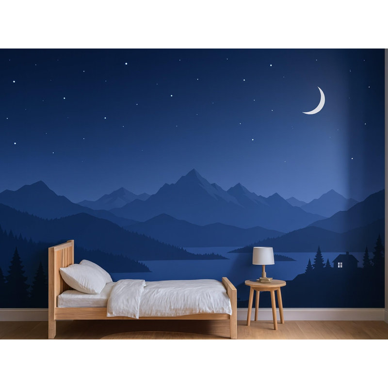 Navy Night Mountains Wallpaper Mural, Peel and Stick Kids Room Wall Mural, Layered Silhouette Landscape Nursery Wallpaper