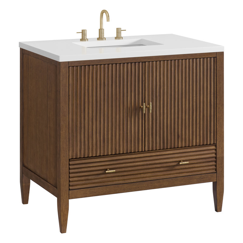 Myrrin 36'' W Single Vanity, Mid-Century Walnut, White Zeus, 8" Widespread
