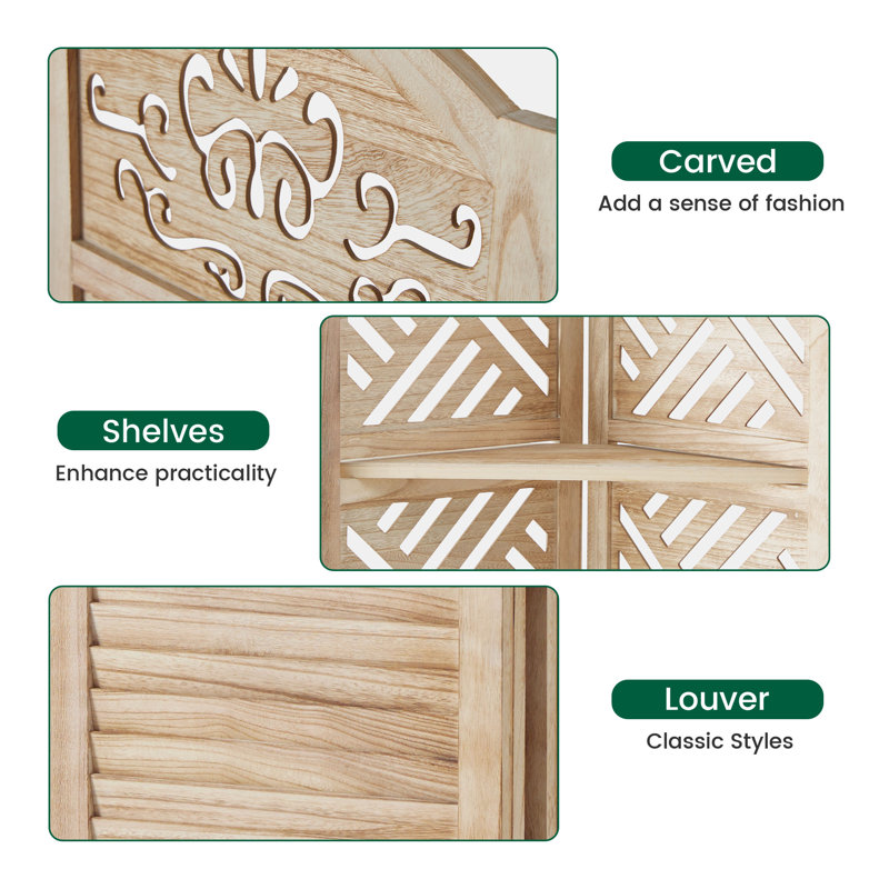 Paravent en bois sculpté avec tablettes - Paravent pliant à persiennes, 6, Bois