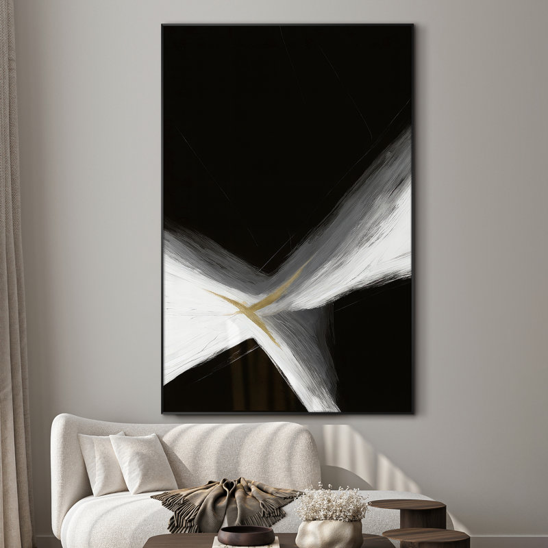 Très grande impression d'art minimaliste abstrait coup de pinceau - coups blancs et dorés sur fond noir, décoration d'art moderne pour le salon ou la chambre à coucher, assemblage de cadre requis