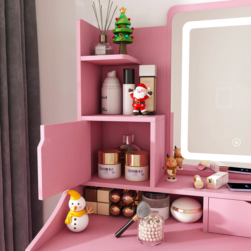 3-Color Led Vanity Mirror With Stool, Pink Dressing Table For Bedroom, 2 Drawers & 5 Storage Cabinets (4 Open + 1 Hidden), Adjustable Lighting