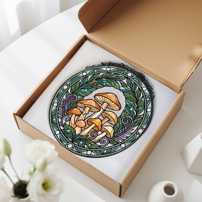 Mushroom Wreath Stained Glass Window Panel,12"H