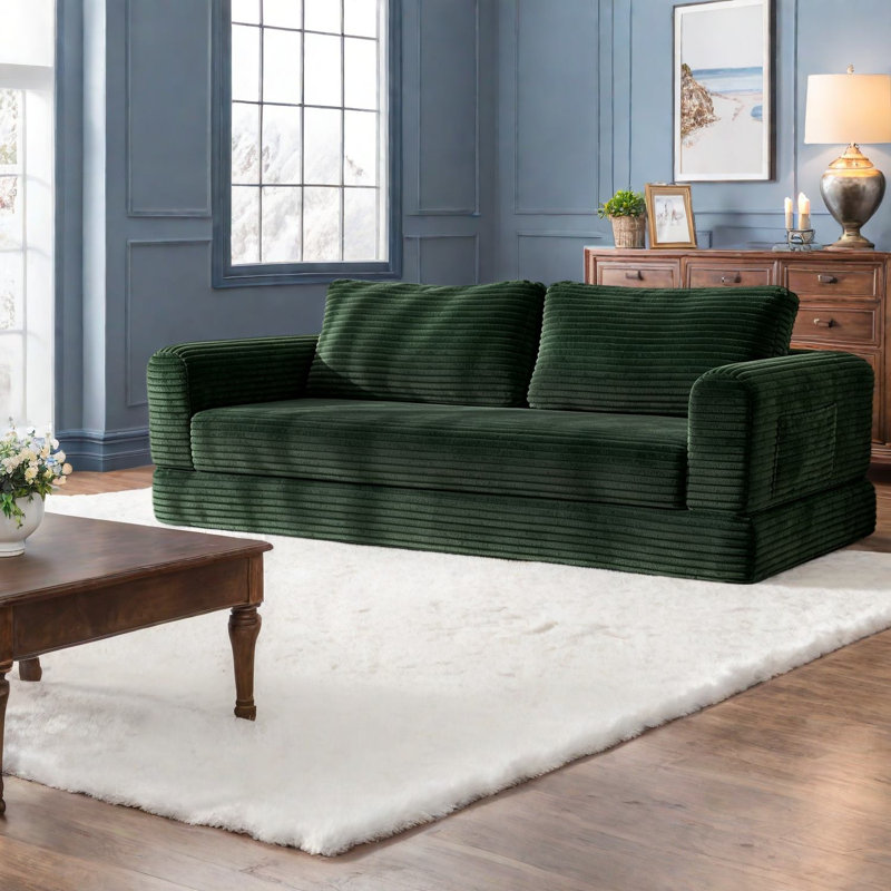 Canapés convertibles à compression avec rangement, 193 cm (76 pouces) en velours côtelé vert, style moderne.