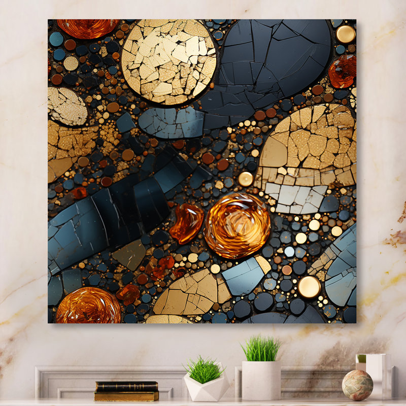 Gold And Black Mosaic Tiles III - Abstract Tile Metal Wall Art, 29" H x 29" W