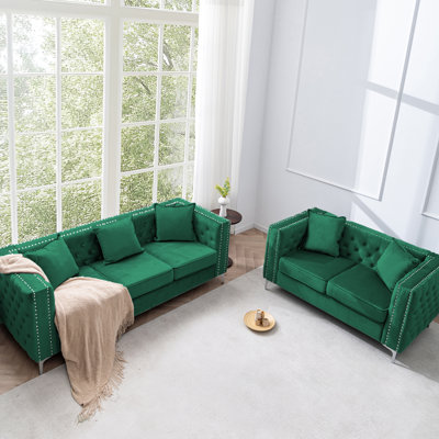  Ensemble de canapé en velours Chesterfield 2-Peice, ensemble de meubles de salon modernes pour appartement, vert
