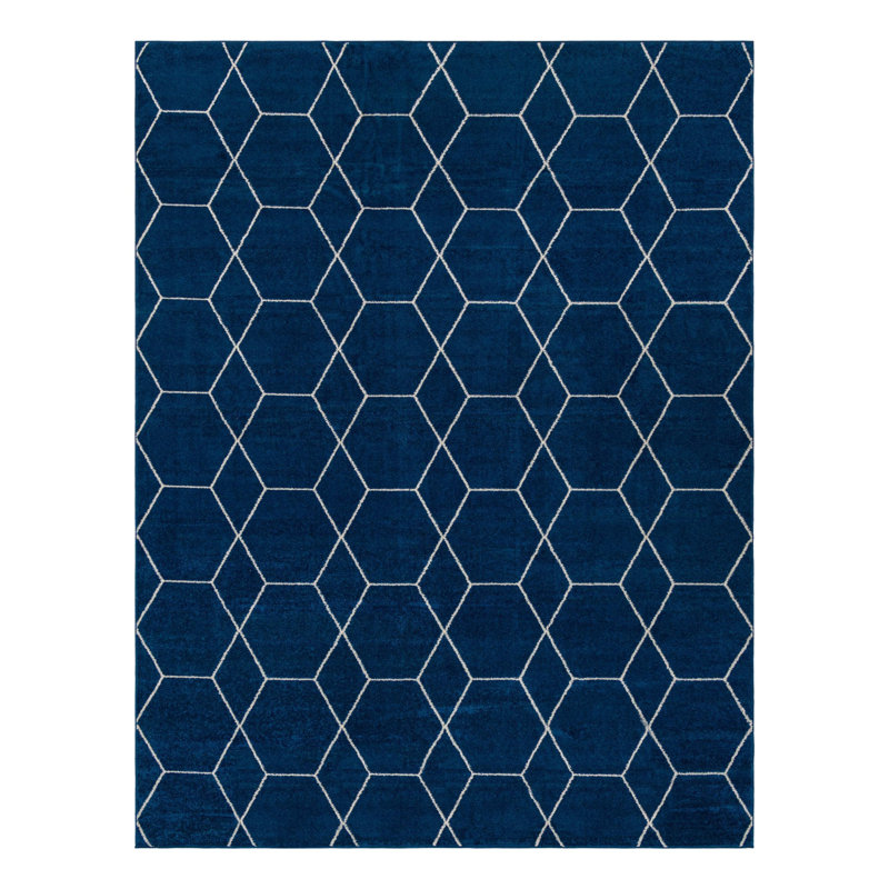 Tapis bleu marine à motif géométrique Debrodie, Rectangle 10 pi x 13 pi 1 po