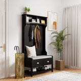 3-In-1 Hallway Hall Tree With 2 Storage Drawer And 4 Coat Rack, Wooden Entryway Shoe Rack Bench With Padded Seat Cushion, Mudroom Bench With Top Storage Shelf (Black)