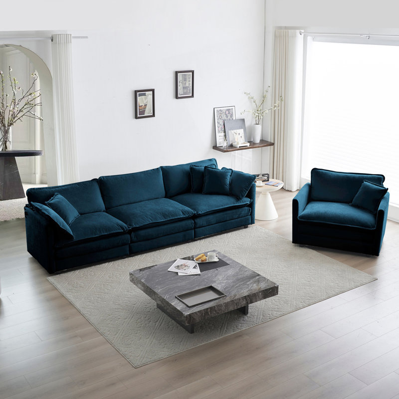 Living Room Sofa, Upholstered Sofa, Living Room Sectional Sofa Set, 1+3 Seat, Blue