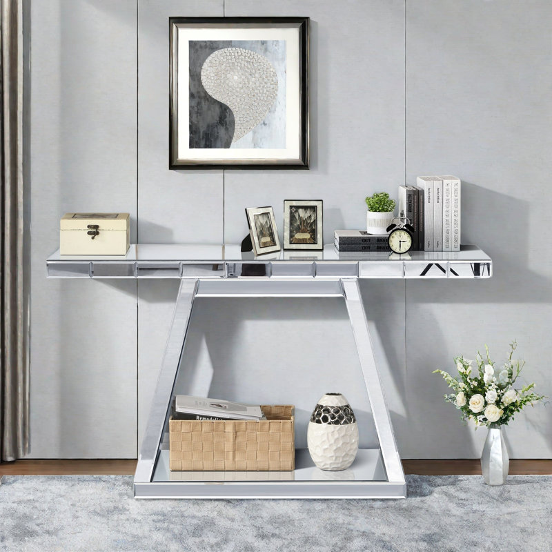 Modern 360° Mirror Reflective Console Table With Trapezoid Base And Scratch-resistant Design 