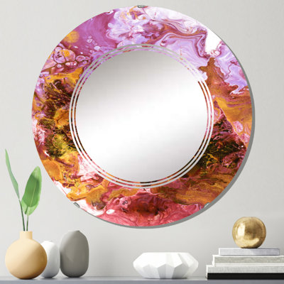 Rose avec marbre liquide doré abstrait - miroir mural moderne rond