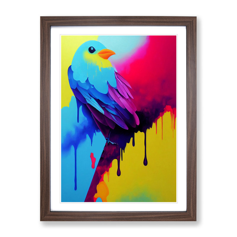 Bird Paint Drips No.3 - Wall Art, 48cm H x 36cm W, Walnut Framed, White