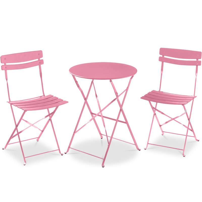  3-Piece Small Bistro Set, Folding Patio Furniture Set Of 2 Chairs And Table - Pink, Pink