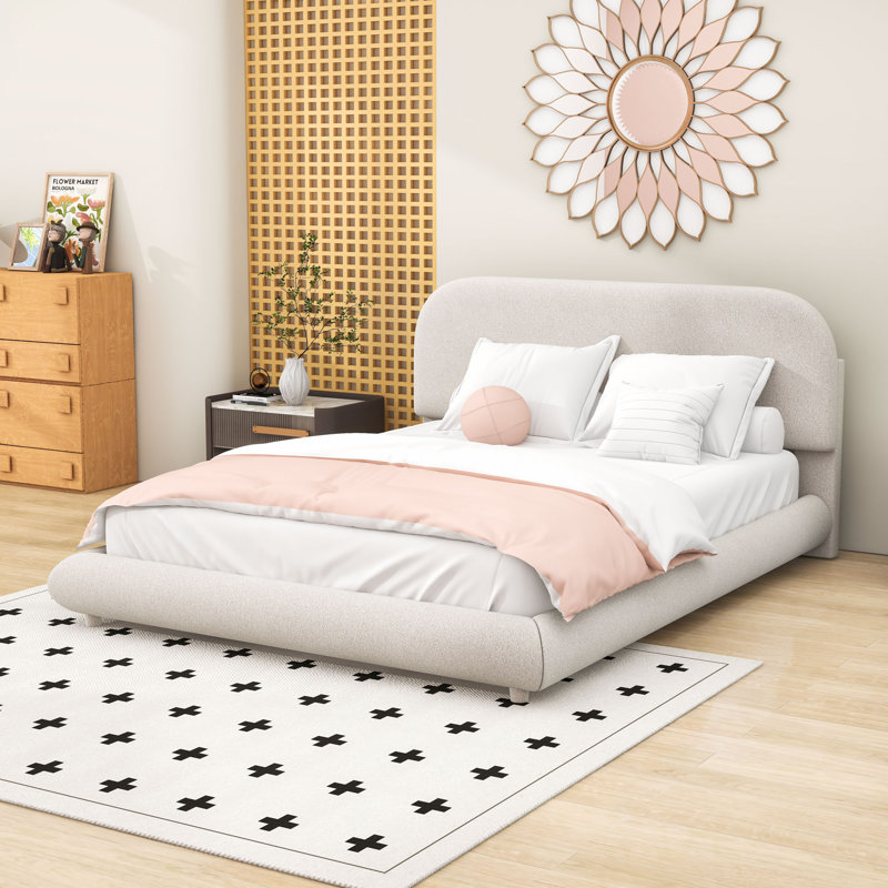 Lit plateforme tapissier Luxurious Teddy, Beige, Grand lit