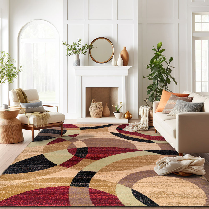 Mehul Geometric Multi Colored Area Rug in Red/Brown/Black - Modern Polypropylene Carpet for Living Room, Bedroom, Entryway, or Dining Room