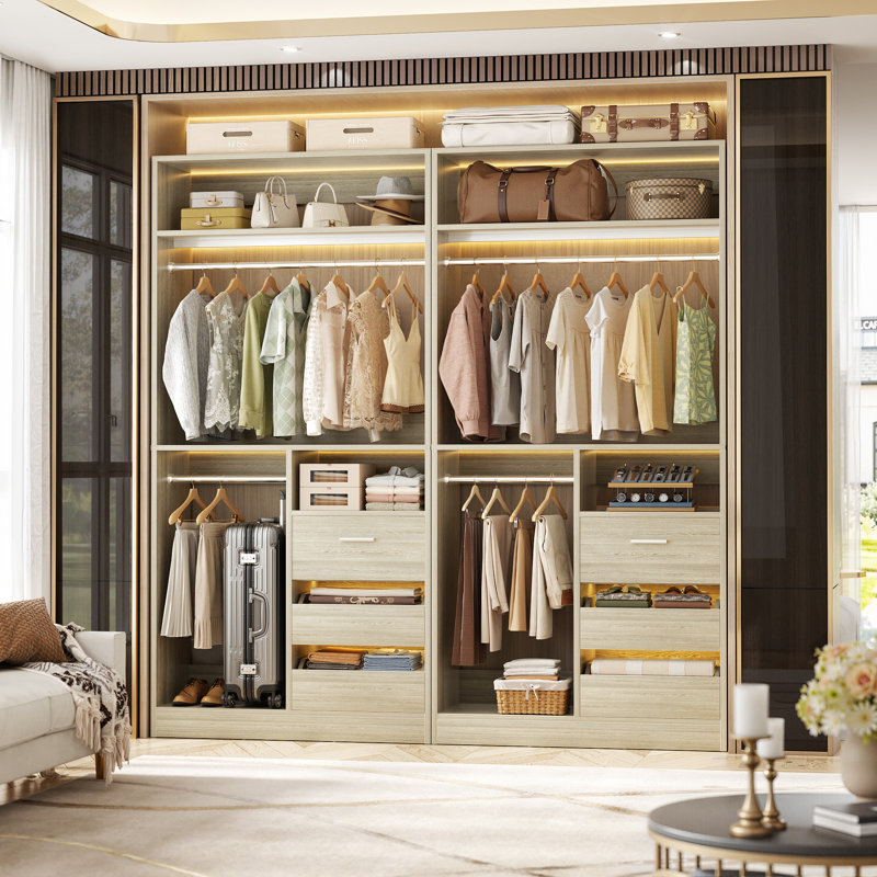 Range-chaussures à 6 tiroirs avec garde-robe de 72 po de largeur et tringles de suspension doubles, Beige