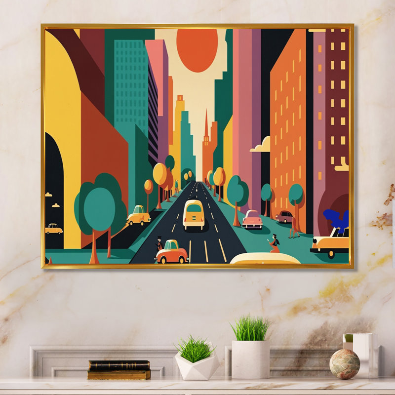 «Futuristic Cityscape with Cars II», reproduction sur toile, L 40 po x H 30 po, Toile avec cadre flottant or