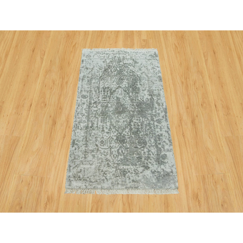 Tapis oriental gris en laine et en soie noué à la main 1 pi 11 po x 3 pi 2 po - MOA10290537, Rectangle 1 pi 11 po x 3 pi 2 po