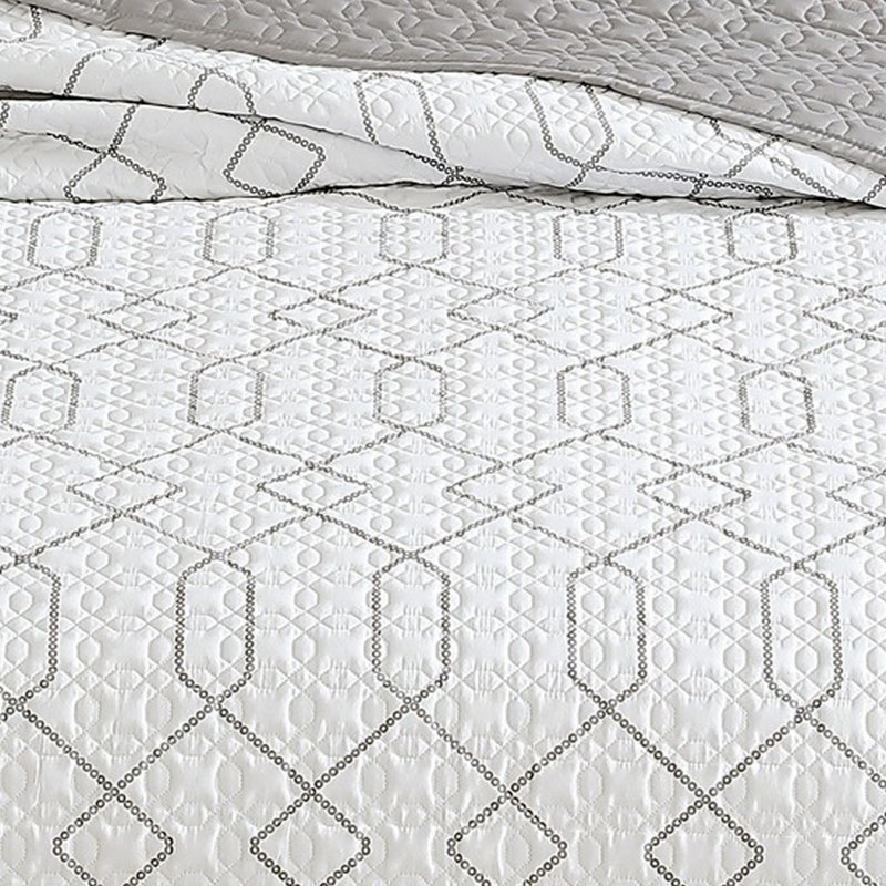  White/Gray Microfiber Reversible 2 Piece Coverlet / Bedspead Set