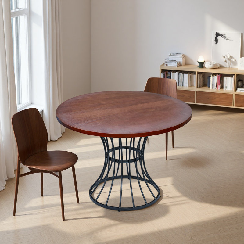 Table de salle à manger ronde en placage de chêne de 42 po - Plateau d'aspect bois massif, piédestal robuste en fer forgé, meuble de cuisine et coin-repas compact