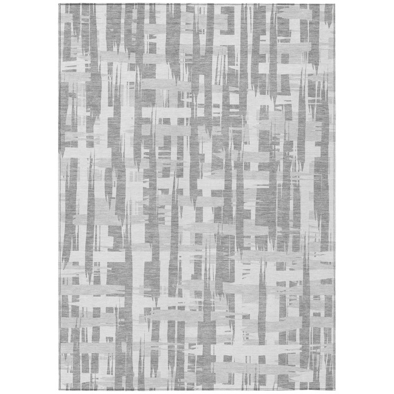 Tapis intérieur lavable rayé gris argenté et ivoire 5 pi x 8 pi