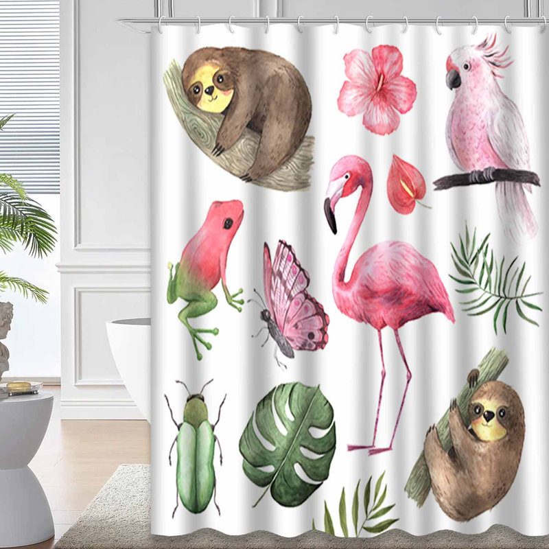 Rideau de douche imperméable aquarelle rose perroquet perroquet papillon grenouille fleurs tropicales avec 12 crochets