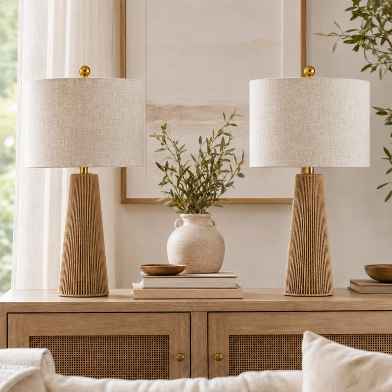 Arcola 25.8" Farmhouse Boho Handwoven Rattan and Paper Cord Table Lamp with Drum Shade
