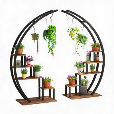 Lot de 2 supports à plantes en métal à 5 ​​niveaux, étagère en forme de demi-lune avec crochets de suspension, étagère à fleurs en forme d'échelle, support haut pour plantes pour la décoration intérieure, le jardin et le balcon, marron