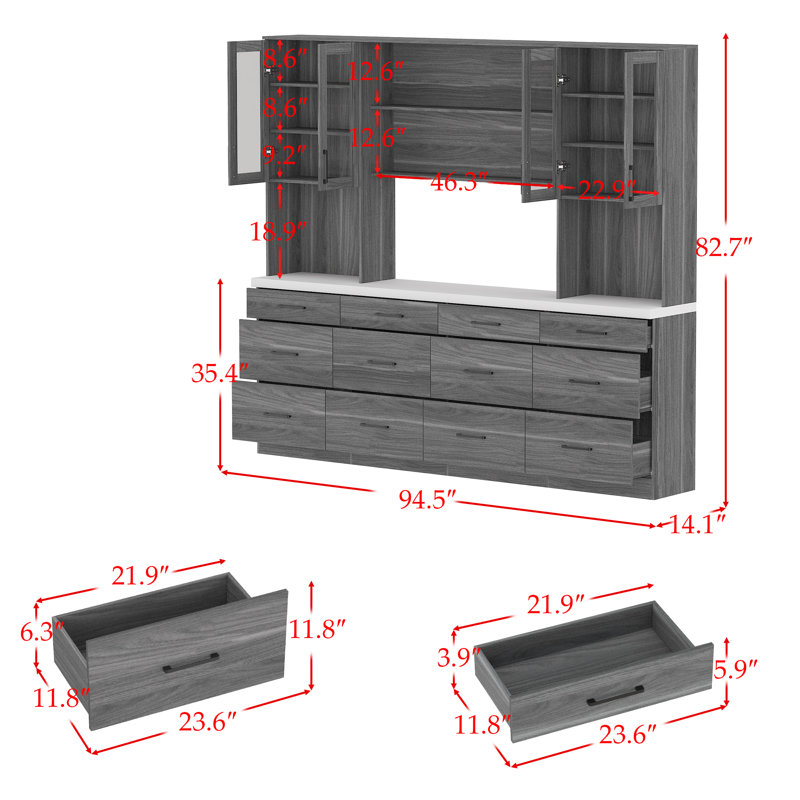 Buffet de 94,5 po de large avec garde-manger, Gris