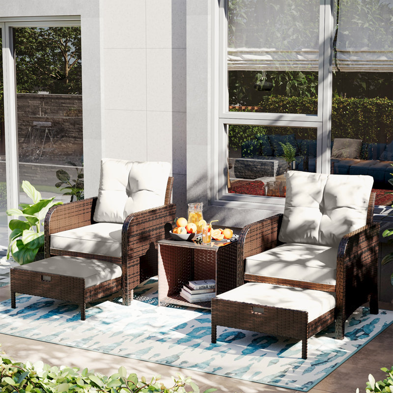 5 Pieces Outdoor Patio Chairs Set,PE Wicker Conversation Furniture with Cushions,Coffee Table,White, Ivory White