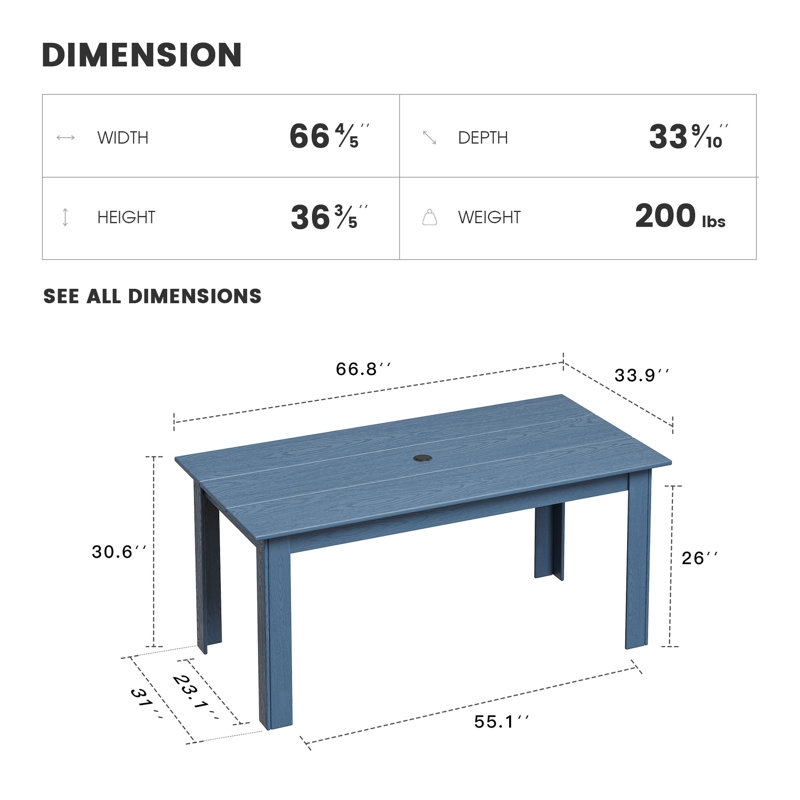 Rectangular HDPE Outdoor Dining Table With Umbrella Hole, Navy