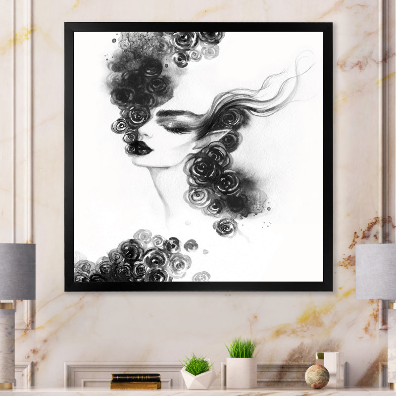 «Black and White Glam Woman Portrait II», reproduction d'art sur toile, H 16 po x l 16 po x P 1 po, Cadre photo noir