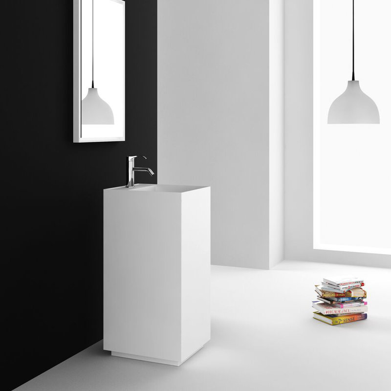 Lavabo de salle de bain carré à piédestal avec trop-plein, Blanc