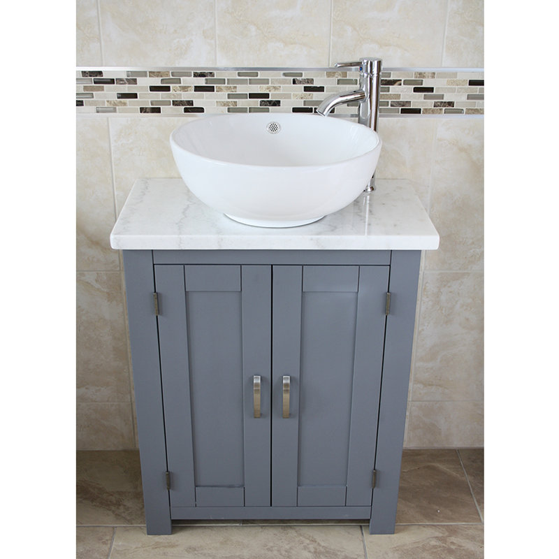 Robbs 650mm Single Bathroom Vanity with Vessel Ceramic Basin, White Marble, Grey