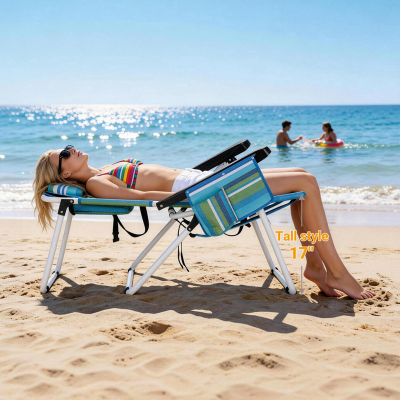 5-Position Reclining Beach Chair For Adults, 350 Lbs Capacity, Folding Portable With Cooler Bag & Backpack Straps, Blue/Green
