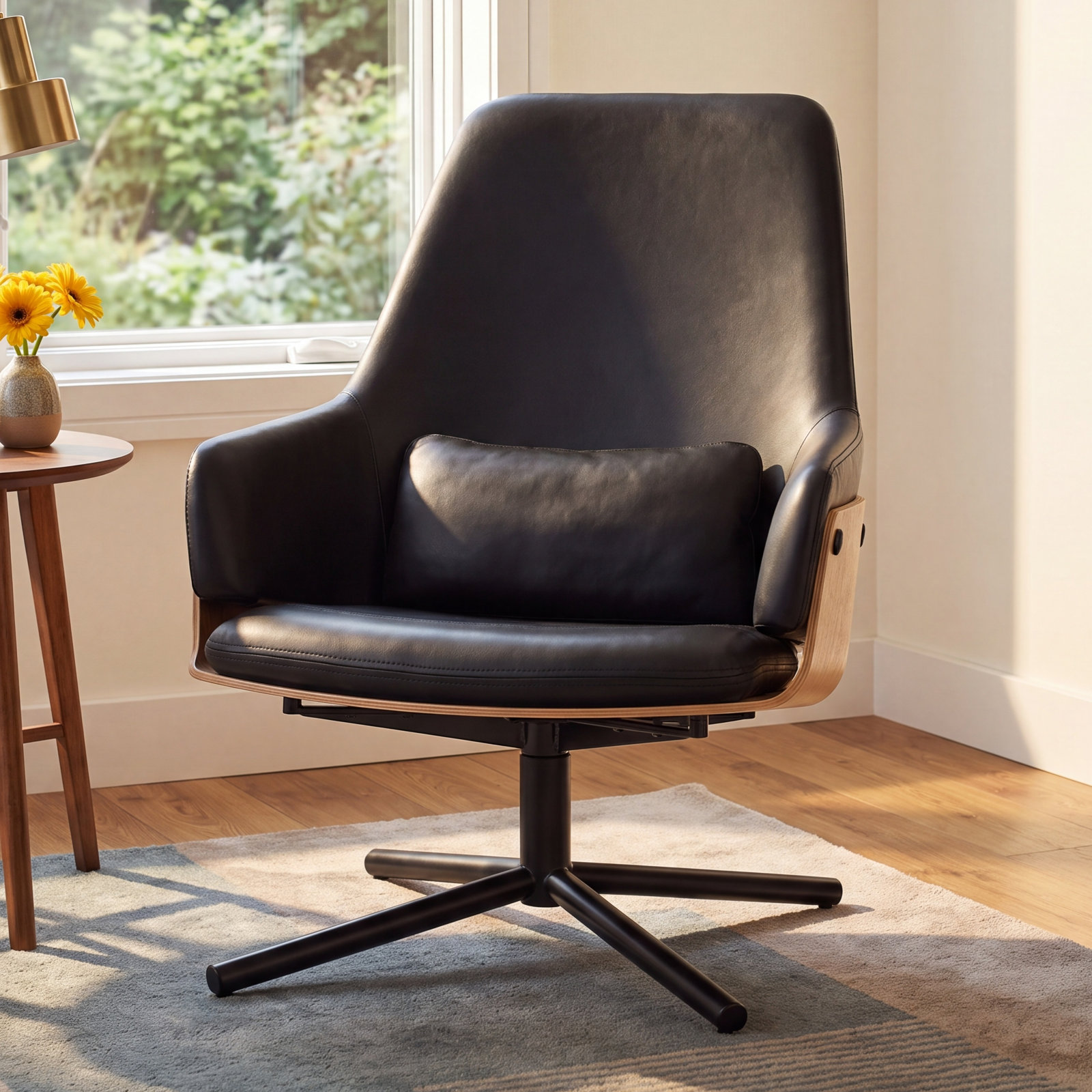 Lock Upholstered Swivel Accent Chair, Onyx Leather, Black