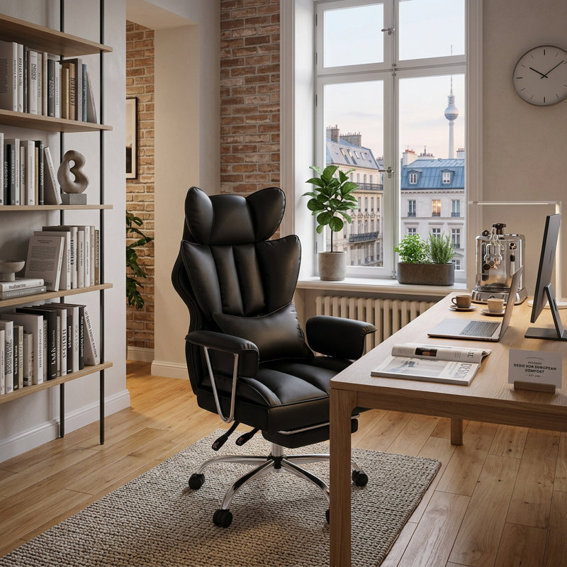 Ergonomic Reclining Swivel Office Chair, Faux Leather Adjustable Desk Chair with Footrest for Home Office, Black