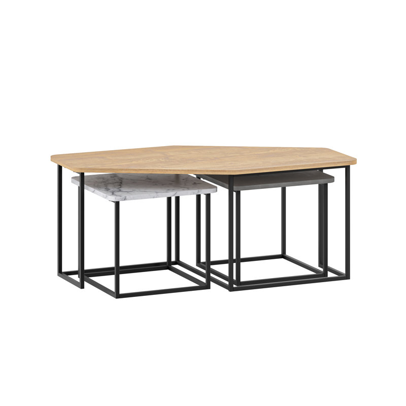 Bukurie Frame Nesting Coffee Table Set, Sapphire Oak/Marble White/Grey