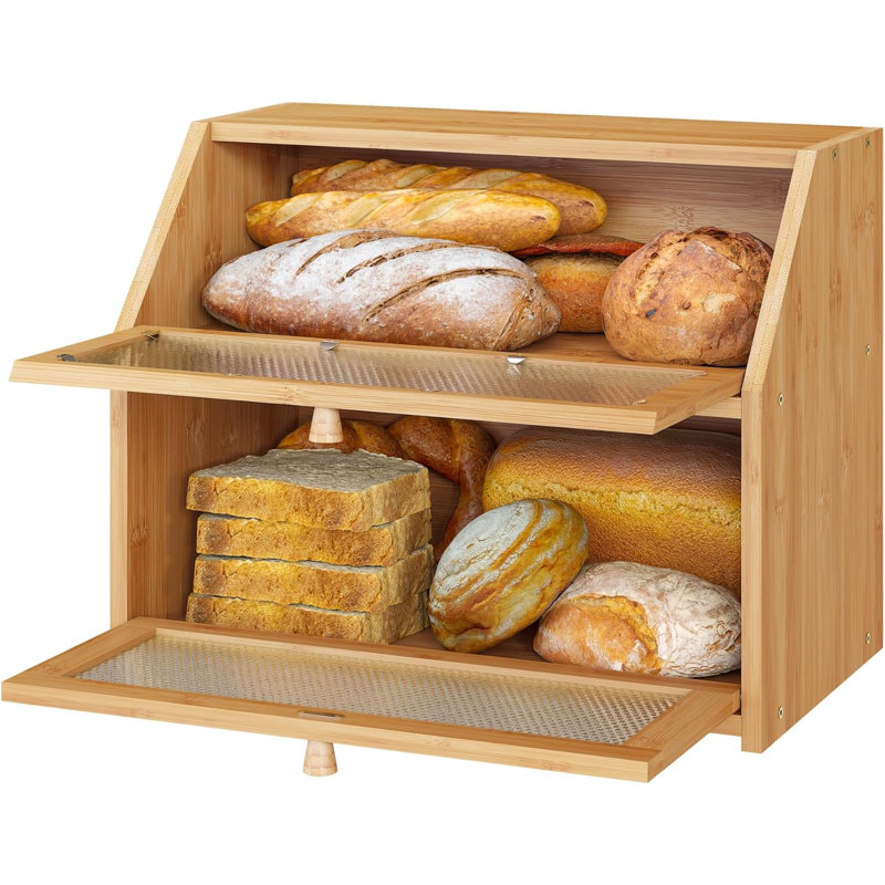 Bread Box, Bamboo Wood Bread Box For Kitchen Counter, Double-Layer Bread Storage Bin, Acrylic Glass With Diamond Patterns (Natural)