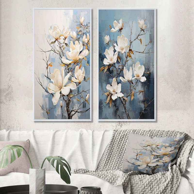 Ensemble de 2 décorations murales bleues et blanches Magnolias, Cadre blanc, H 32 po x l 33 po