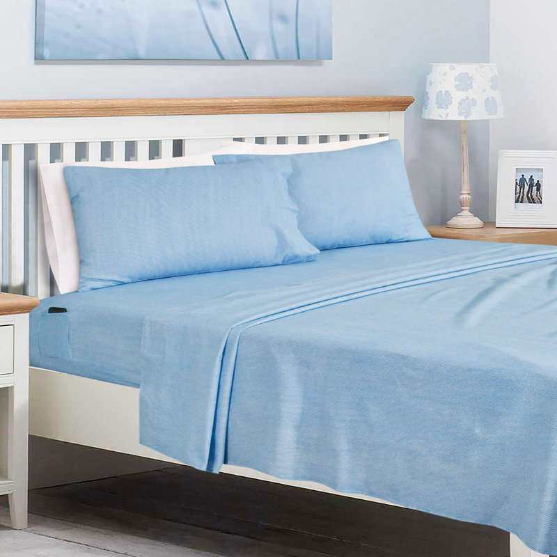 Colyt 100% Cotton Flannel Sheet Set, Twin Sheet Case Pack+Fitted Sheet + 2 Pillowcase, Blue Ticking