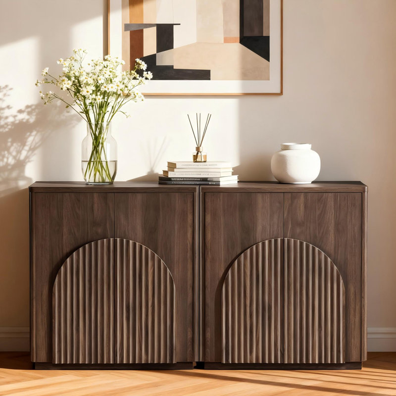Buffet 64 po courbé avec portes arquées symétriques pour salon, bar et cuisine (ensemble de 2), Noyer