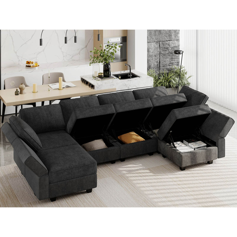 Upholstered Sectional Reversible, Black 100% Polyester