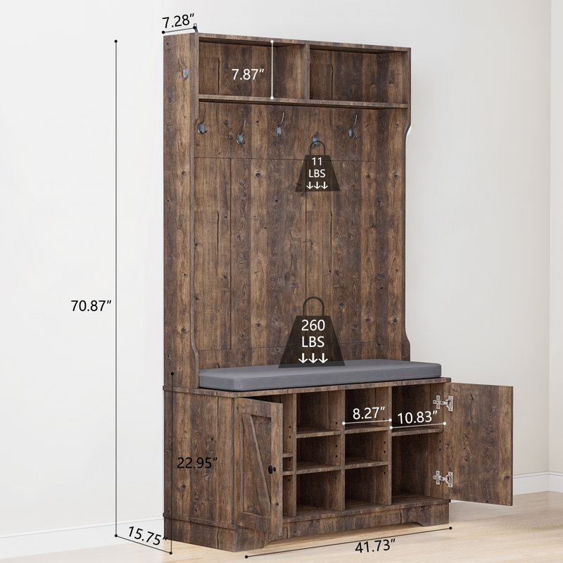 Hall Tree with Cushion and Open Shoe Cabinet,  4-In-1 Coat Rack with Storage Bench, Coat Hanger and Adjustable Shelves, 71" Height Hall Tree for Hallway, Living Room