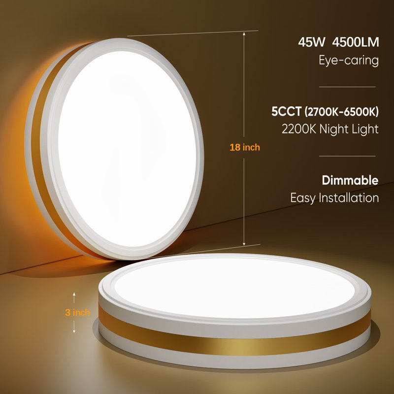 5Cct Dimmable Led Flush Mount Ceiling Light With Night Light, 10%-100% Brightness For Bedroom/Living Room/Kitchen, White/Gold